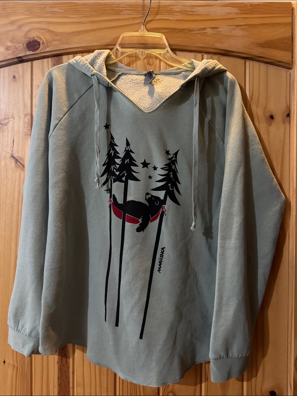 Marushka Sage Green Hooded Sweater with Bear Hammock Graphic